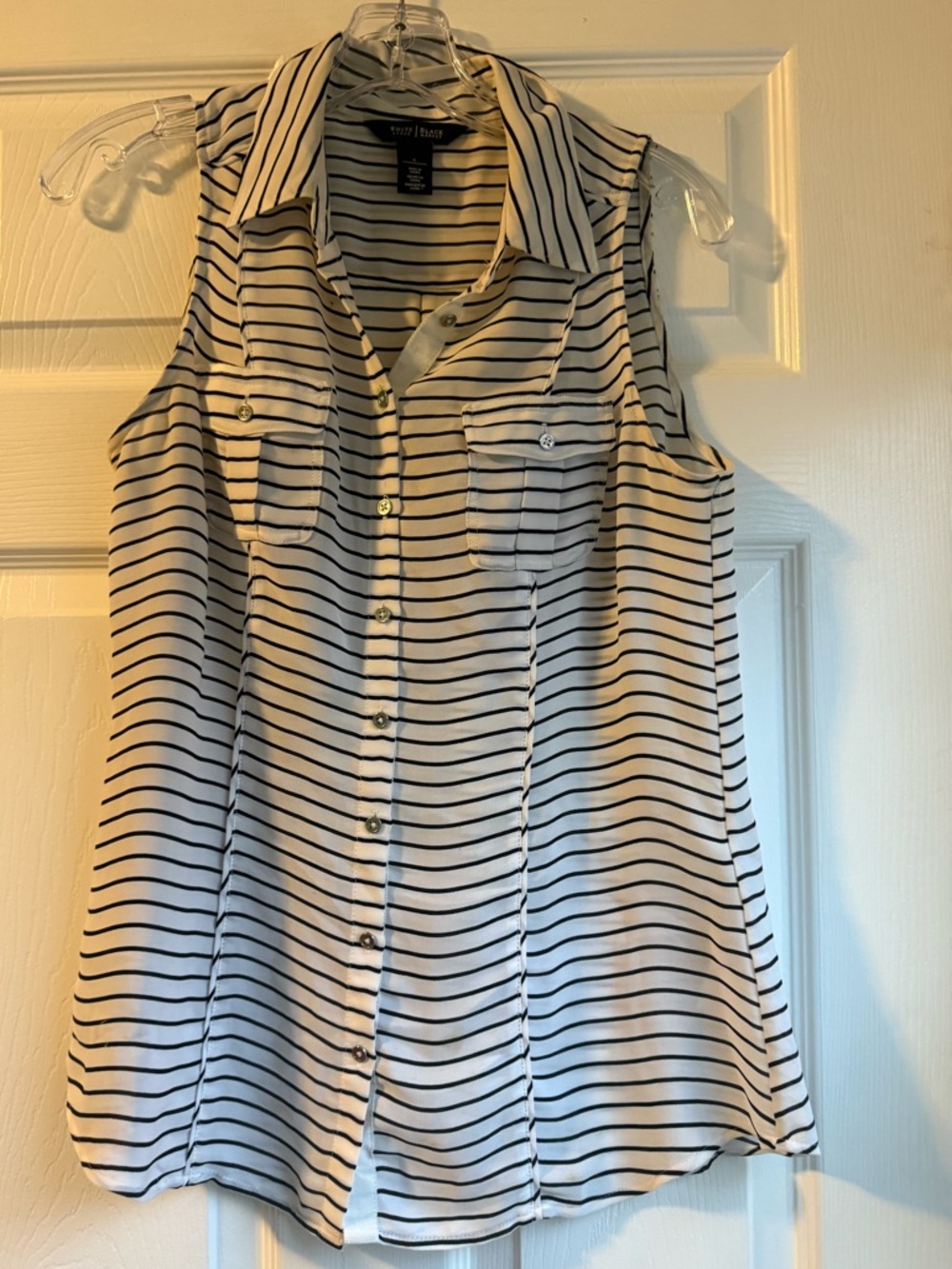 White House Black Market Black and White Striped Sleeveless Button-Down Top